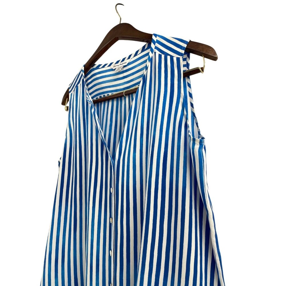 Tommy Bahama Womens Small Striped Silk Sleeveless Tie Front Blouse Blue White - Picture 2 of 7